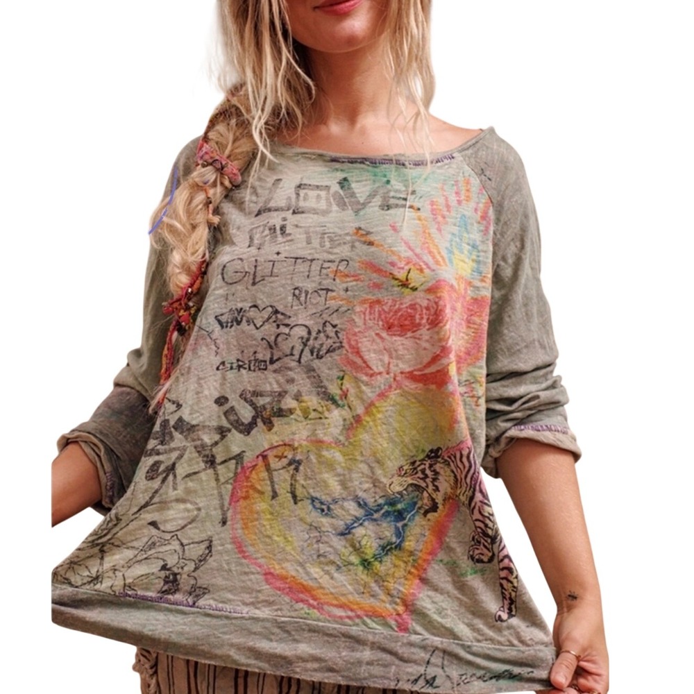Magnolia Pearl Alchemy Richi Tee Shirt Seafoam Gray Tiger Graphic Top 3620 NWT